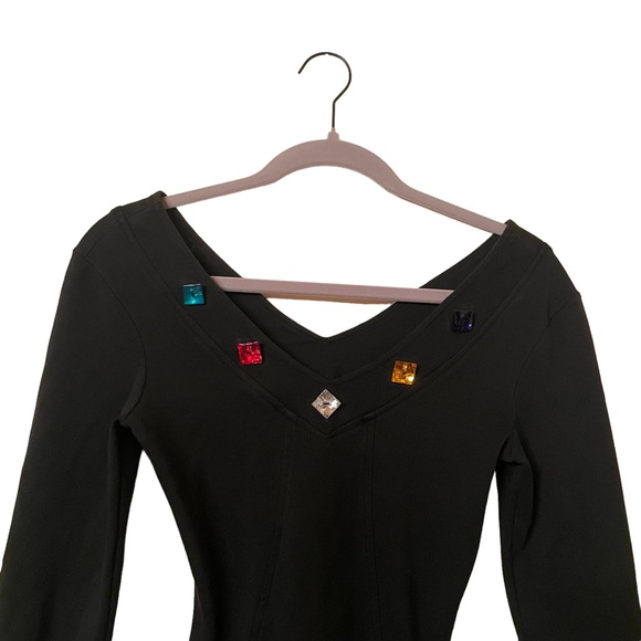 YES Clothing 80s Vintage Black Longsleeve Bodycon Faux crystal jeweled Neckline - Picture 1 of 10